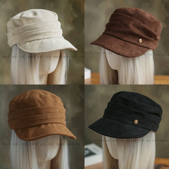 出口日韩~麂皮绒~褶皱设计平顶帽女秋冬复古质感百搭报童帽041