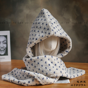 出口日韩~秋冬羊羔绒波点帽子女加厚保暖护耳帽围巾一体连帽001