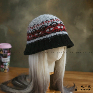 出口日韩 秋冬复古花纹针织渔夫帽女百搭保暖毛线盆帽043