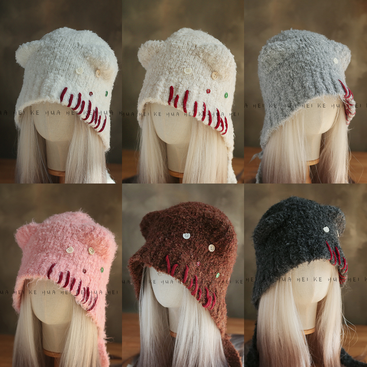 出口日韩~秋冬甜美可爱纽扣小熊耳朵帽子女保暖防寒护耳毛线帽030
