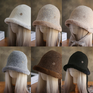 出口日韩~秋冬卷边翘沿毛绒拼接水桶帽女厚保暖百搭系带渔夫帽007