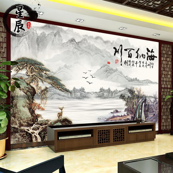 迎松画天道酬勤客壁中式墙布高水429墨山水影视墙纸电视背景端墙