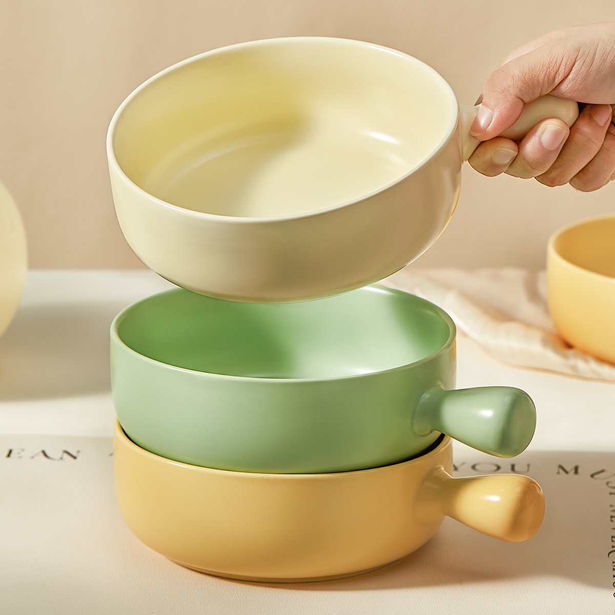 奶油风陶瓷手柄碗烤碗家用泡面碗