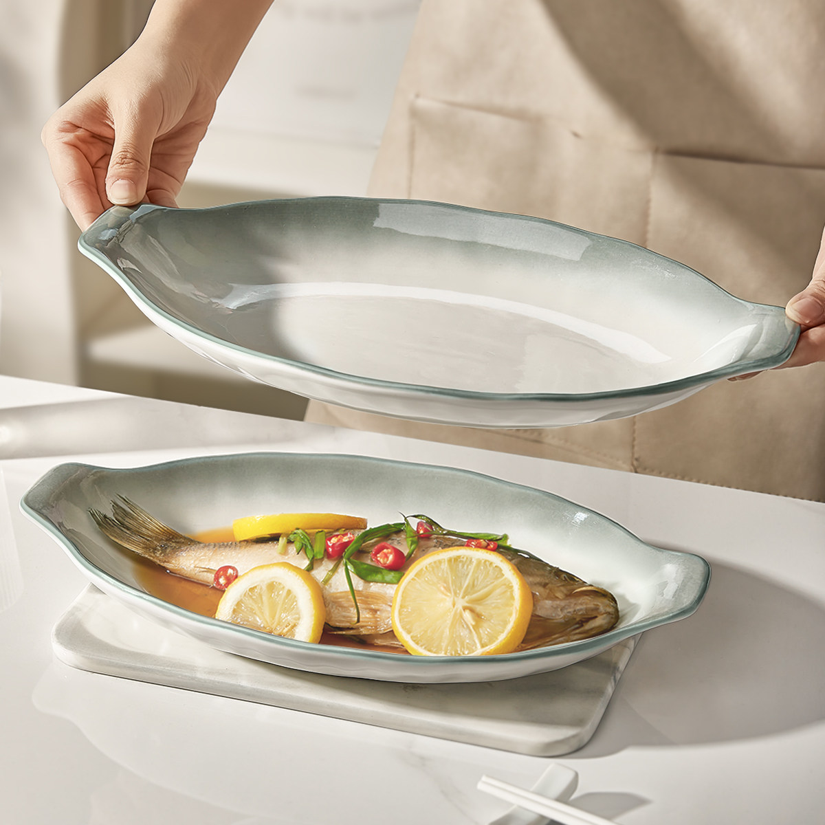 陶瓷鱼盘家用2025新款蒸鱼专用盘子高级感装鱼碟大号双耳鱼碗鱼盆,餐饮具,盘,淘宝优惠券,粉丝福利购,淘宝优惠卷