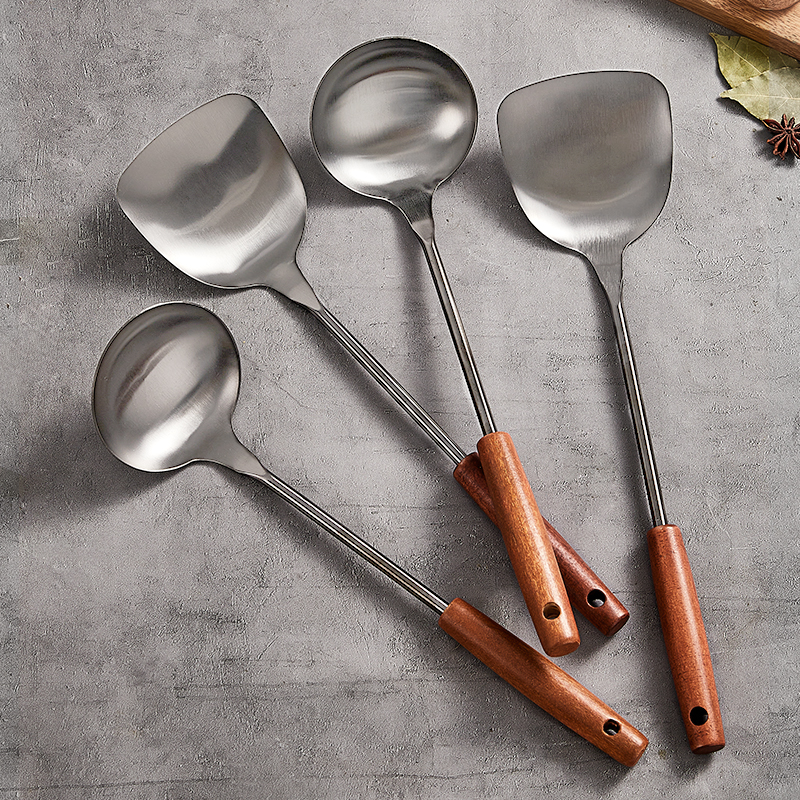 厨具耐高温汤勺木把手不锈钢锅铲