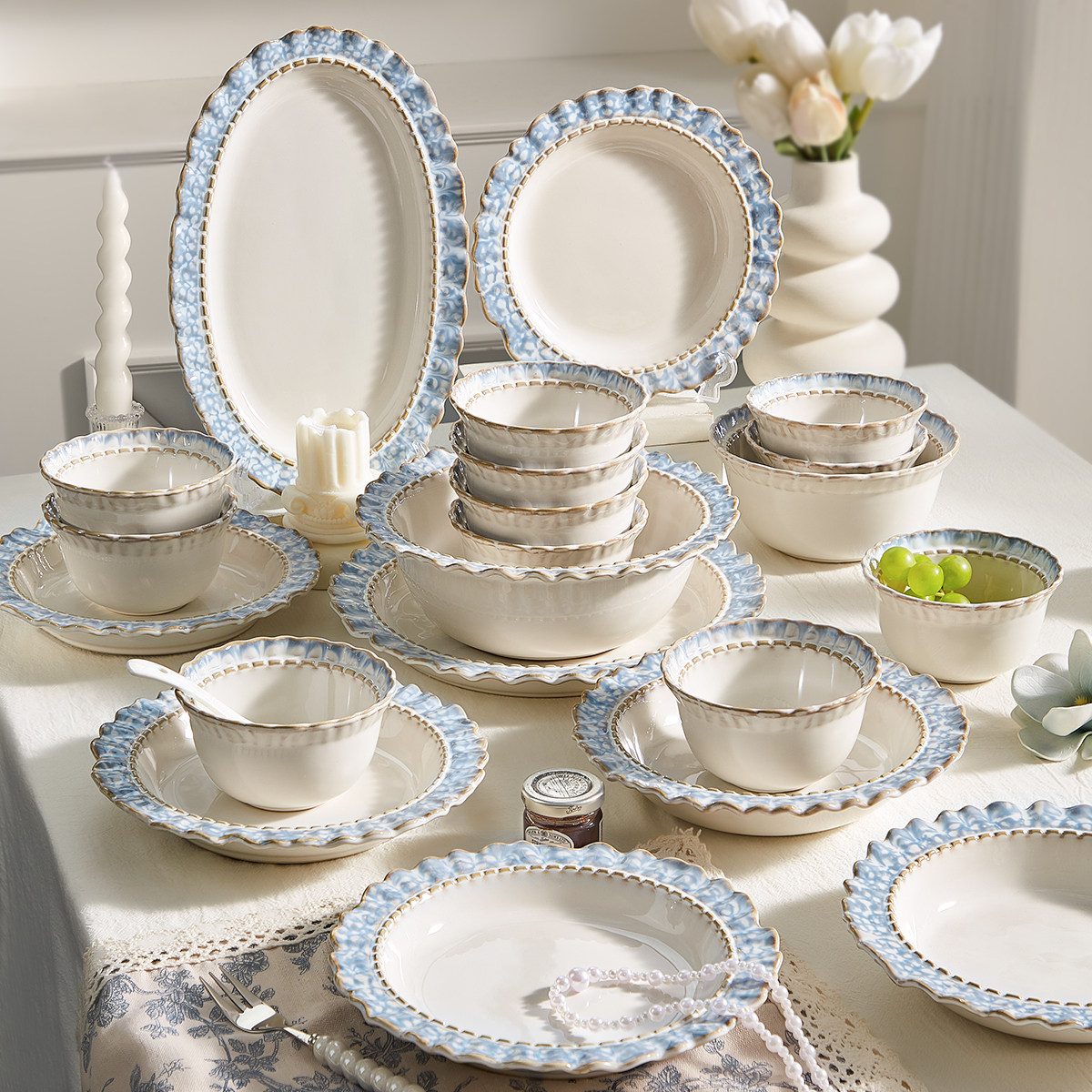 法式碗碟套装家用2026新款高颜值釉下彩餐具碗具乔迁新居碗盘筷子