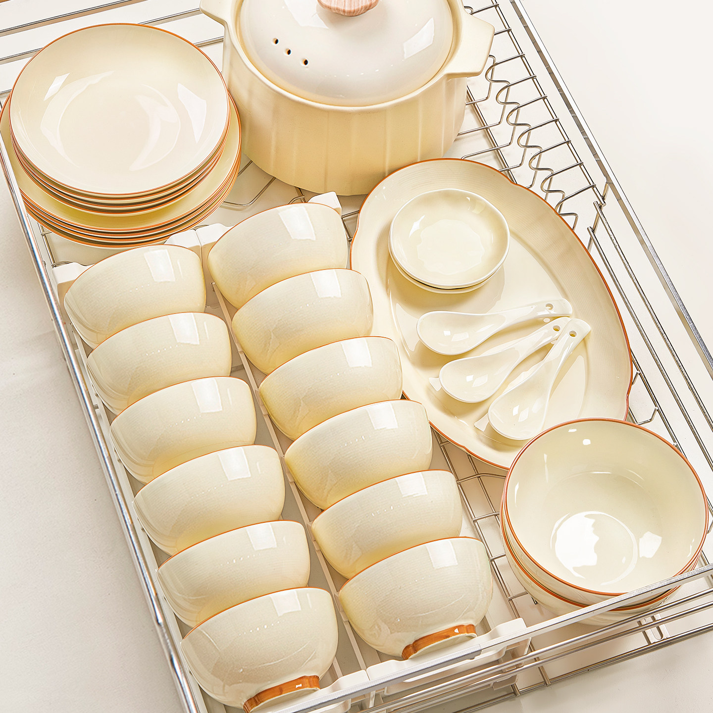 奶油风碗碟套装家用2025新款高颜值釉下彩陶瓷碗盘筷乔迁新居餐具,餐饮具,碗,淘宝优惠券,粉丝福利购,淘宝优惠卷