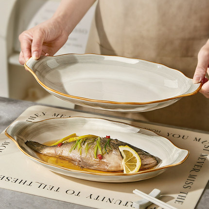 陶瓷鱼盘家用2025新款蒸鱼专用盘子高级感大号鱼碟子双耳鱼碗鱼盆