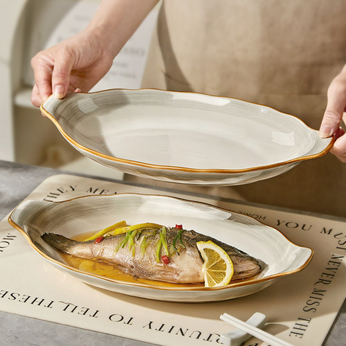 双耳鱼盘釉下彩蒸鱼专用盘子