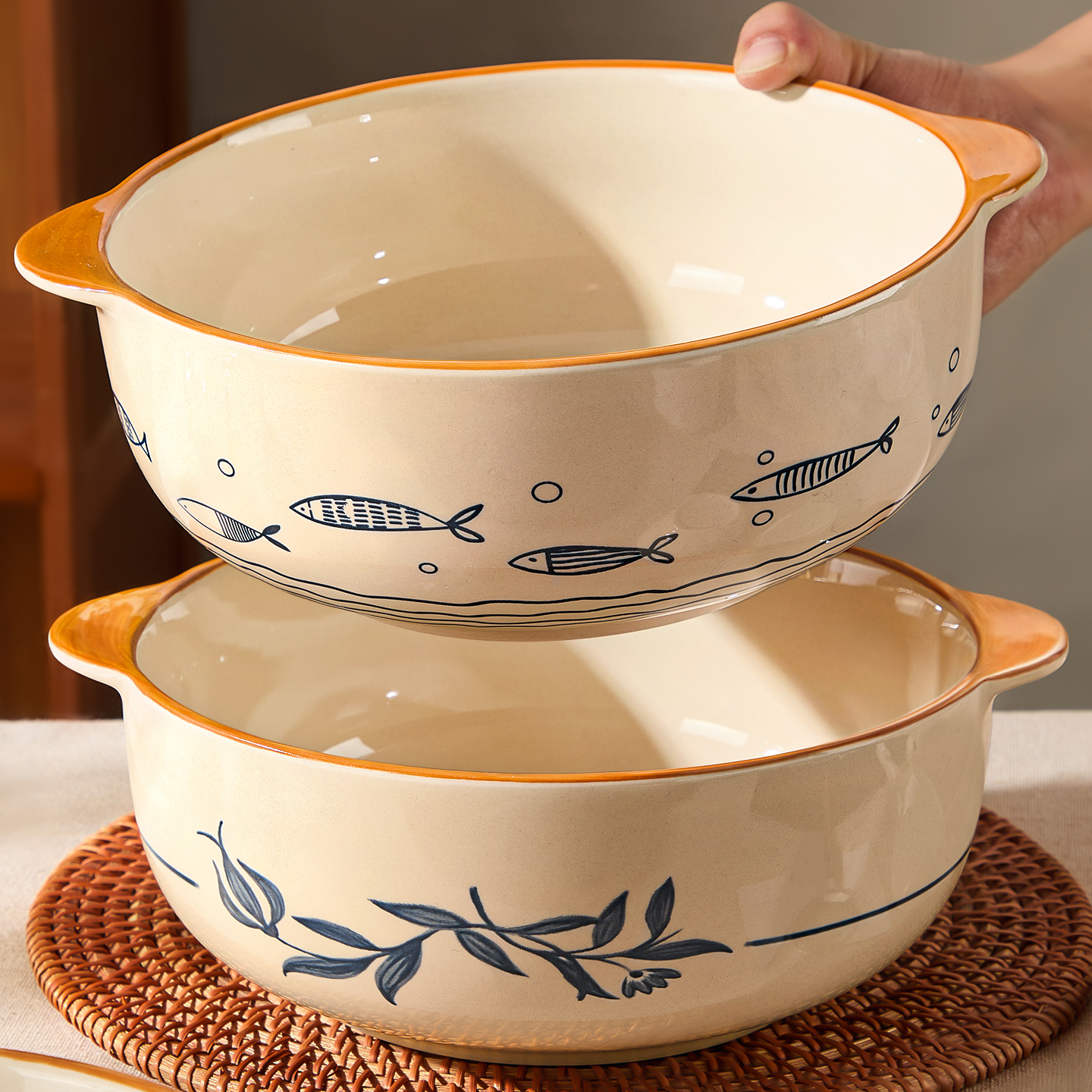 日式陶瓷双耳汤碗家用特大号盆碗