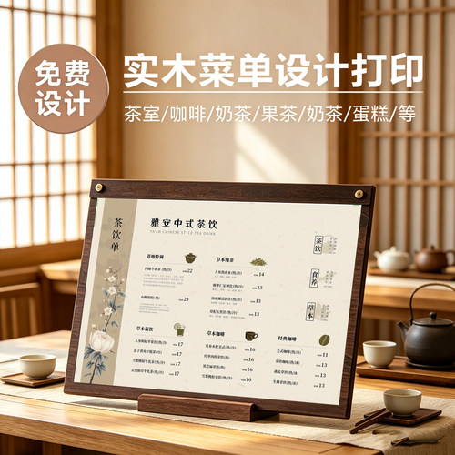 茶楼实木茶单展示立牌定制新中式茶室咖啡饮品价目木质桌面台卡牌