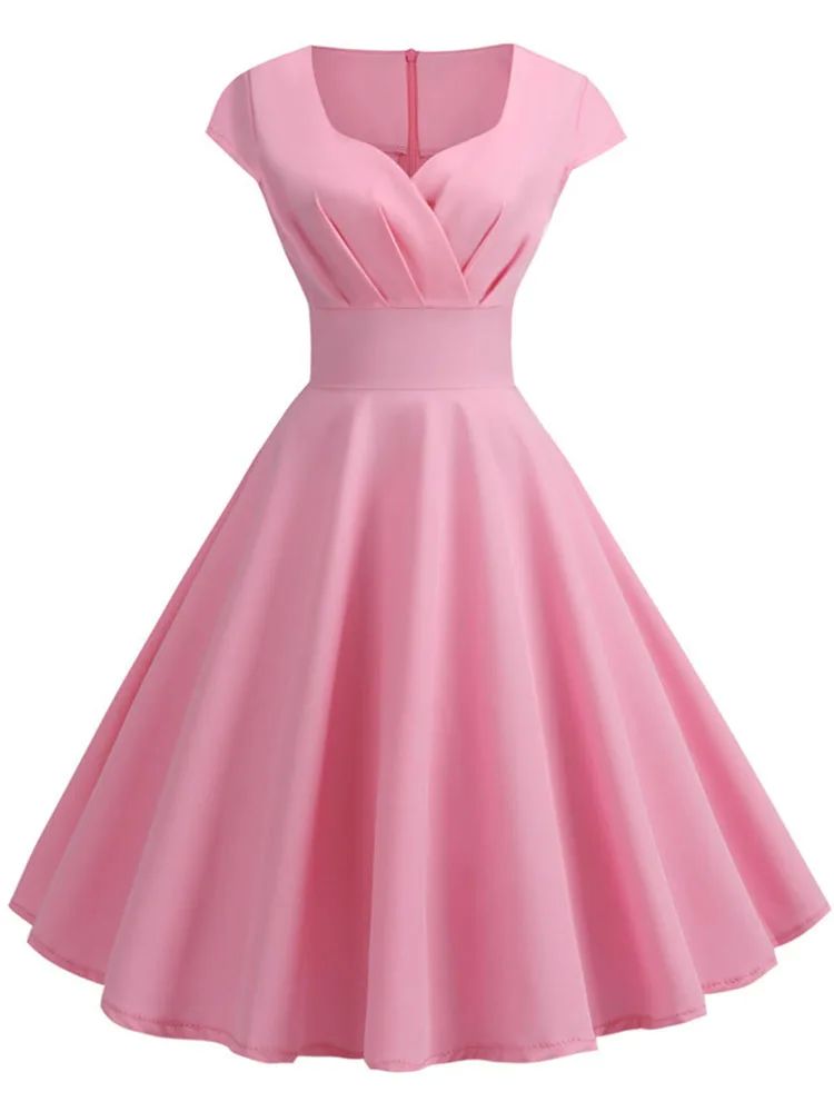 Pink Summer Dress Women V Neck Vintage Robe Elegant Retro 女装/女士精品 连衣裙 原图主图