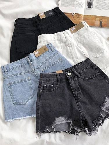 Women's Ripped Jeans Short Pants, Casual High Waist Denim