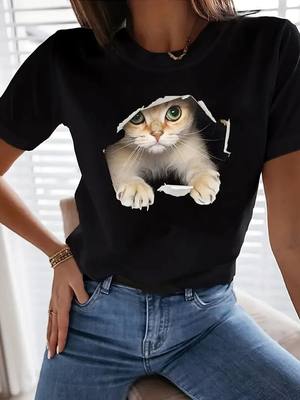 Cute Cat Print Crew Neck T-Shirt, Casual Short Sleeve