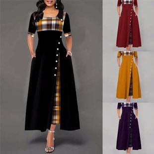 Half Sleeve Detail Maxi Button Fashion Print Women Plaid
