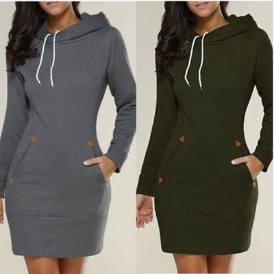 Women‘s Knee-Length Pockets Dress Hooded Warm Sweat Shirt