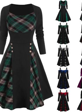 Women's Dress 2024 Dresses Vintage Round Neck Plaid