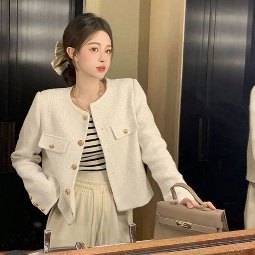 Deeptown Cropped Tweed Jacket Women Vintage Aesthetic Korean