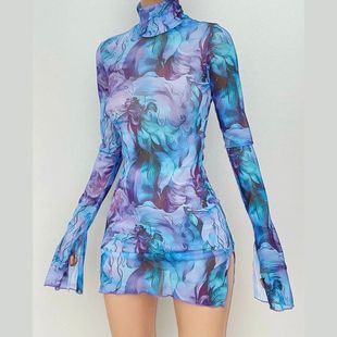 High Neck Dress dye Women Mini print Sexy Tie Buttock