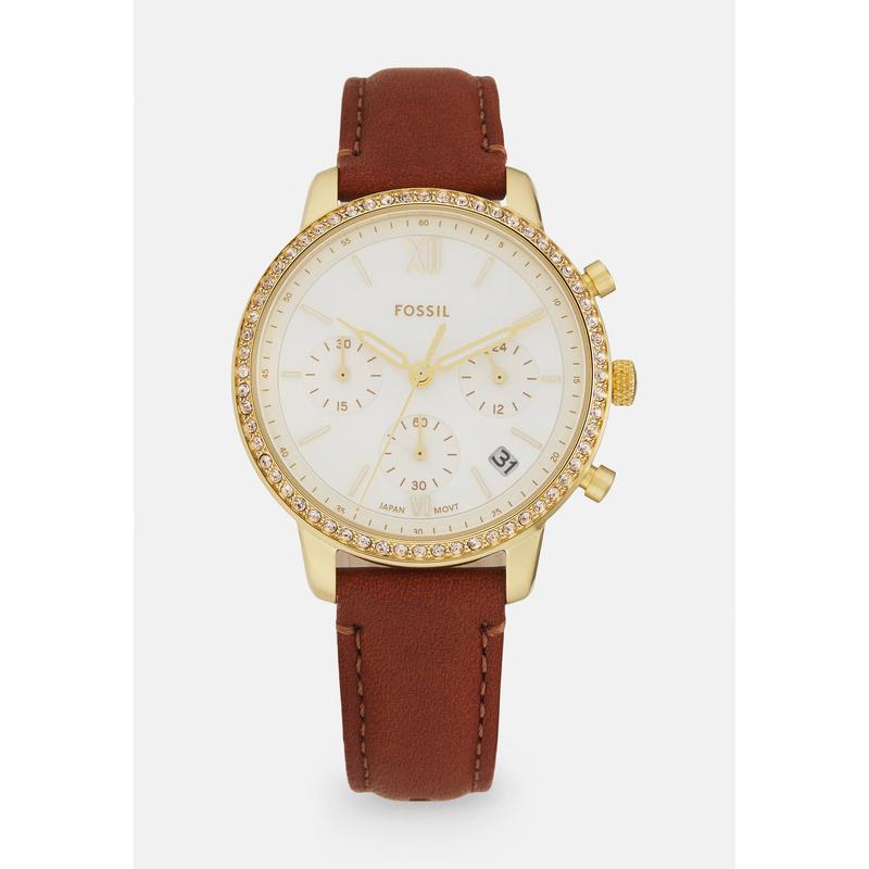 Fossil/化石女式腕表不锈钢表壳皮质表带计时显示ATM防水