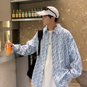 潮流时尚几何印花长袖衬衫男大码宽松百搭防晒衬衣外头CS2113图片