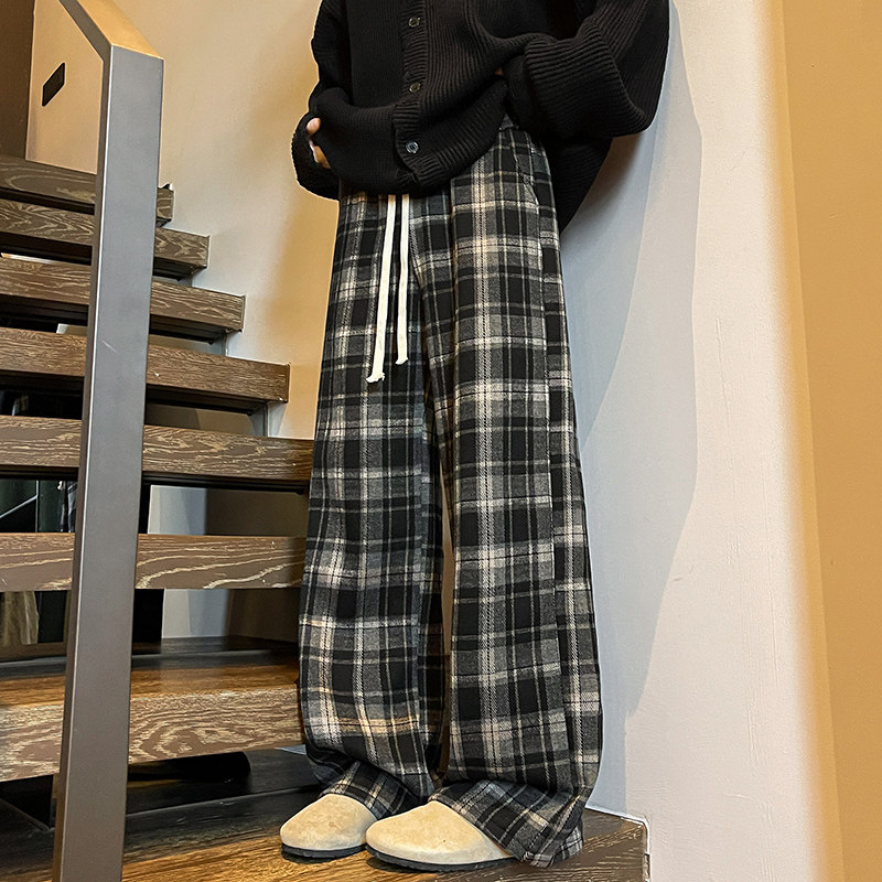 磨毛格子休闲裤男大码宽松男女同款运动卫裤WK013P50加绒P60,男装休闲裤,电商A073