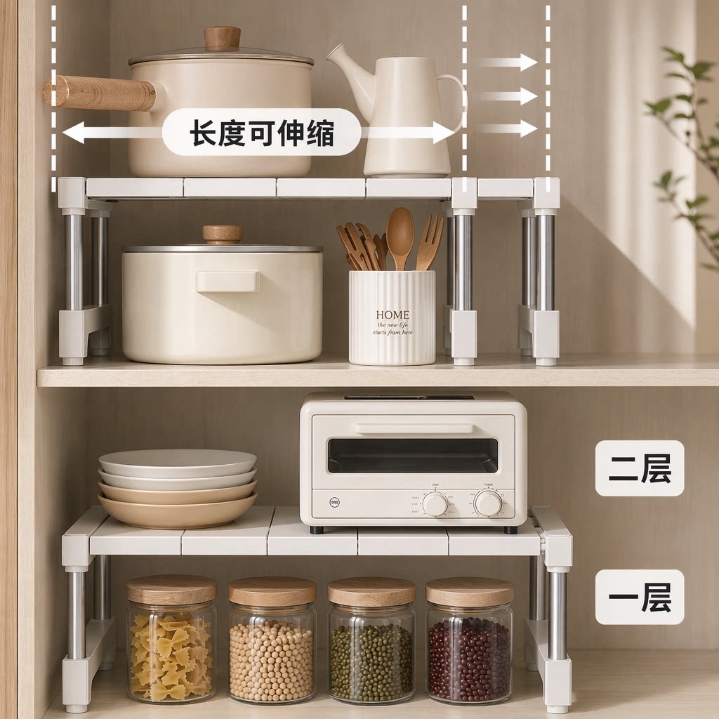 橱柜分层架可伸缩厨房置物架柜子内分层隔板调味品碗碟锅具收纳架