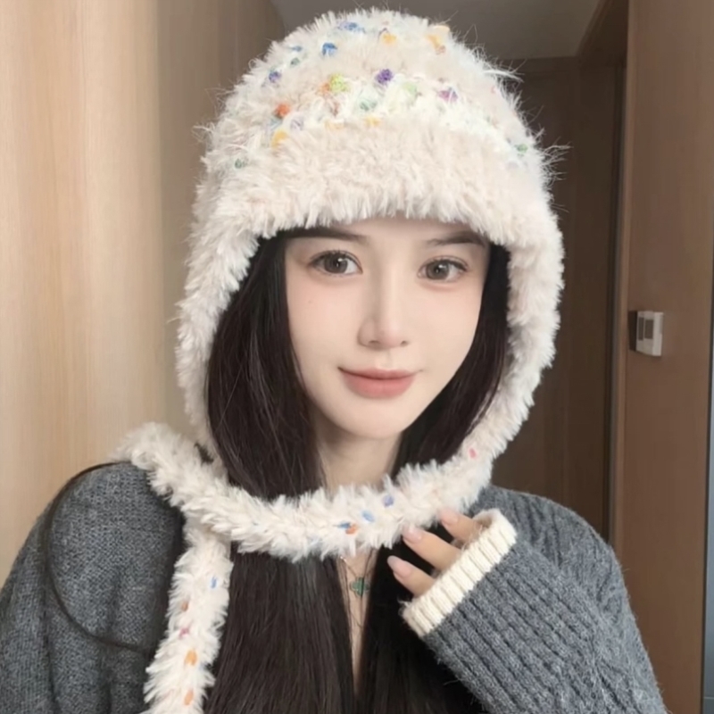 小糖豆毛线帽子女冬季显脸小加厚保暖针织毛绒帽毛茸茸白色渔夫帽