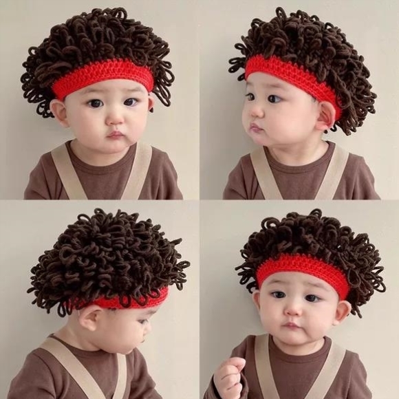 宝宝帽子秋冬个性针织假发帽男女童洋气保暖可爱超萌毛线套头帽潮