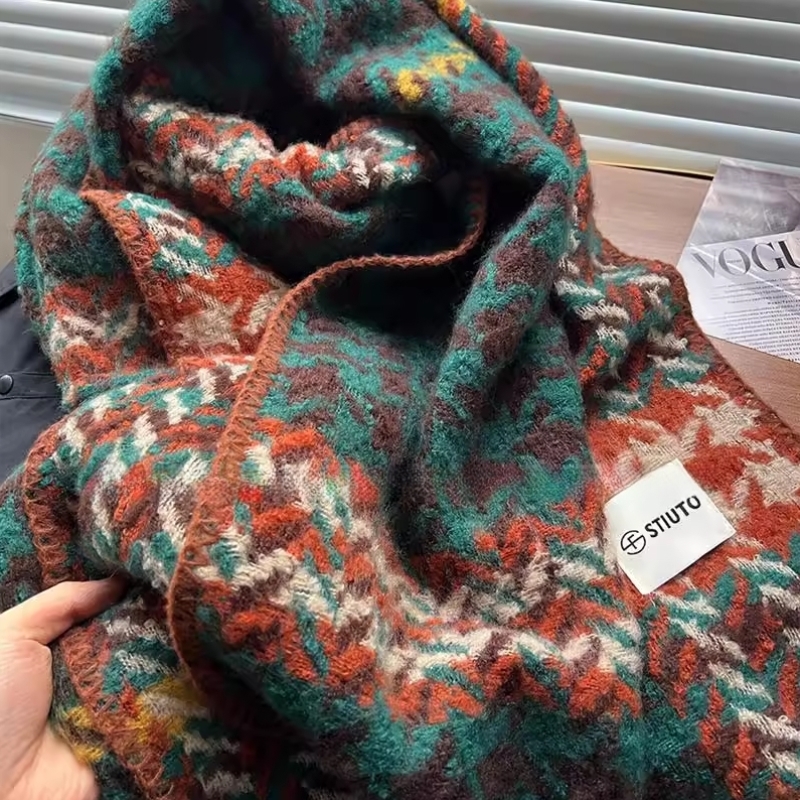 复古红圣诞千鸟格围巾女冬季学生保暖韩版百搭围脖新款礼盒装