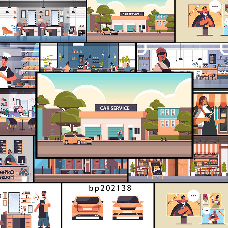 生活办公汽修餐厅商店理发场景超市插画an/flash/ai/mg动画素材
