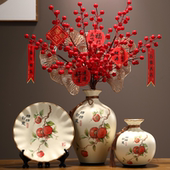 事柿如意陶瓷花瓶三件套客厅插花玄关摆件乔迁之喜新年红果装 饰品