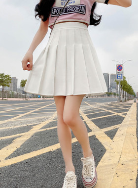 现货高腰百褶裙短裙女半身裙学院风韩版纯色防走光裙后腰有松紧