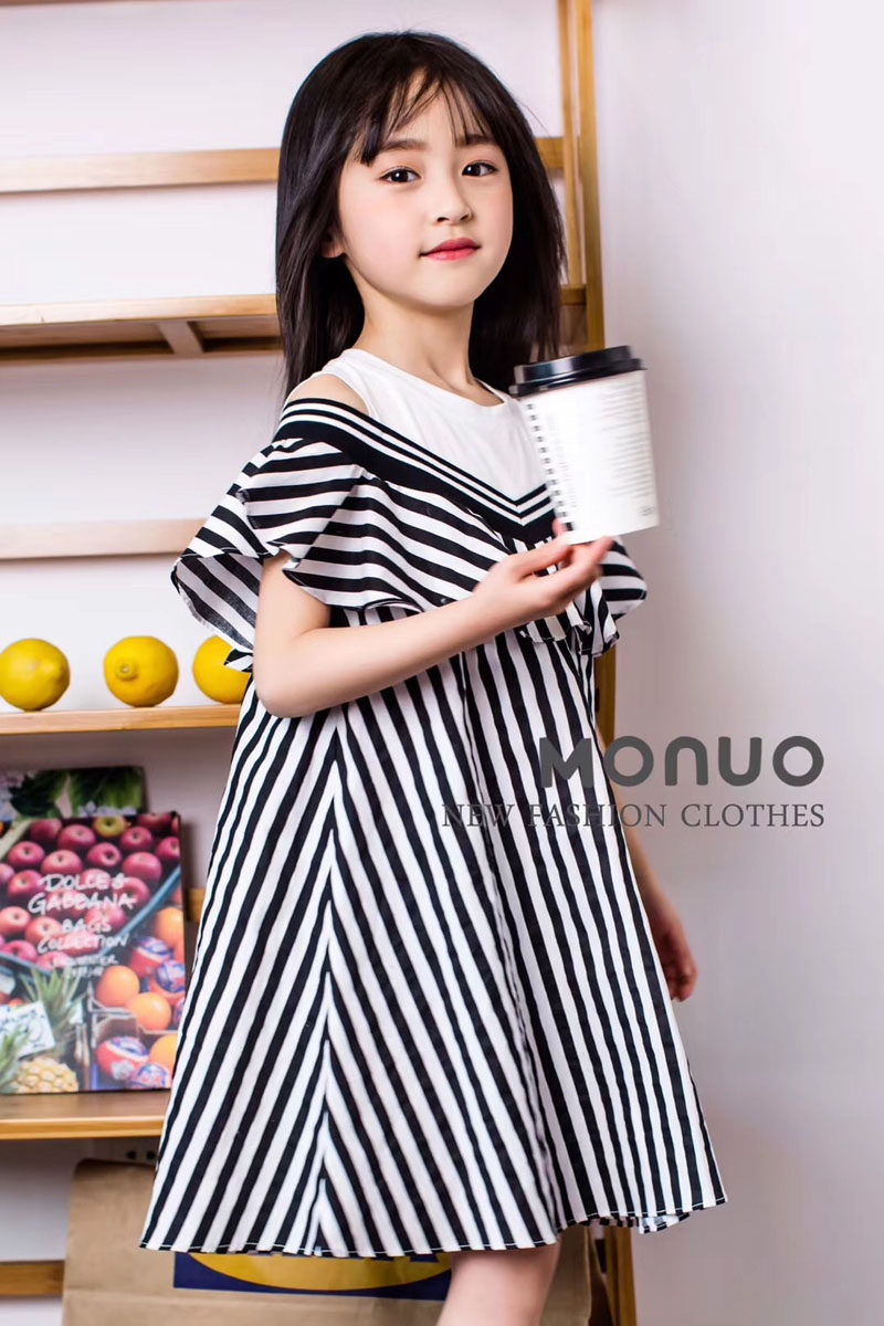 摩mo*诺童装夏新品女童条纹拼接漏肩连衣裙时尚大气裙子六一
