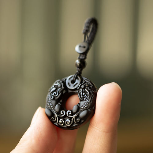 天然黑曜石貔貅平安扣汽车钥匙扣转运圈挂件男女款钥匙链饰品礼物