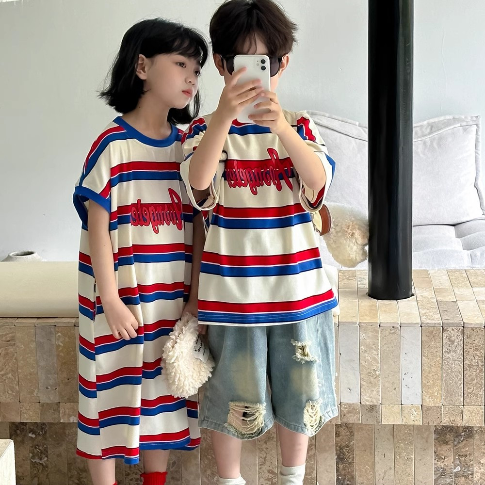 兄妹装儿童短袖T恤男女童彩色条纹中长款连衣裙夏季宝宝洋气上衣6