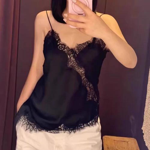 WMXZ夏季新品女装法式不对称下摆内衣式蕾丝装饰吊带上衣 5919105