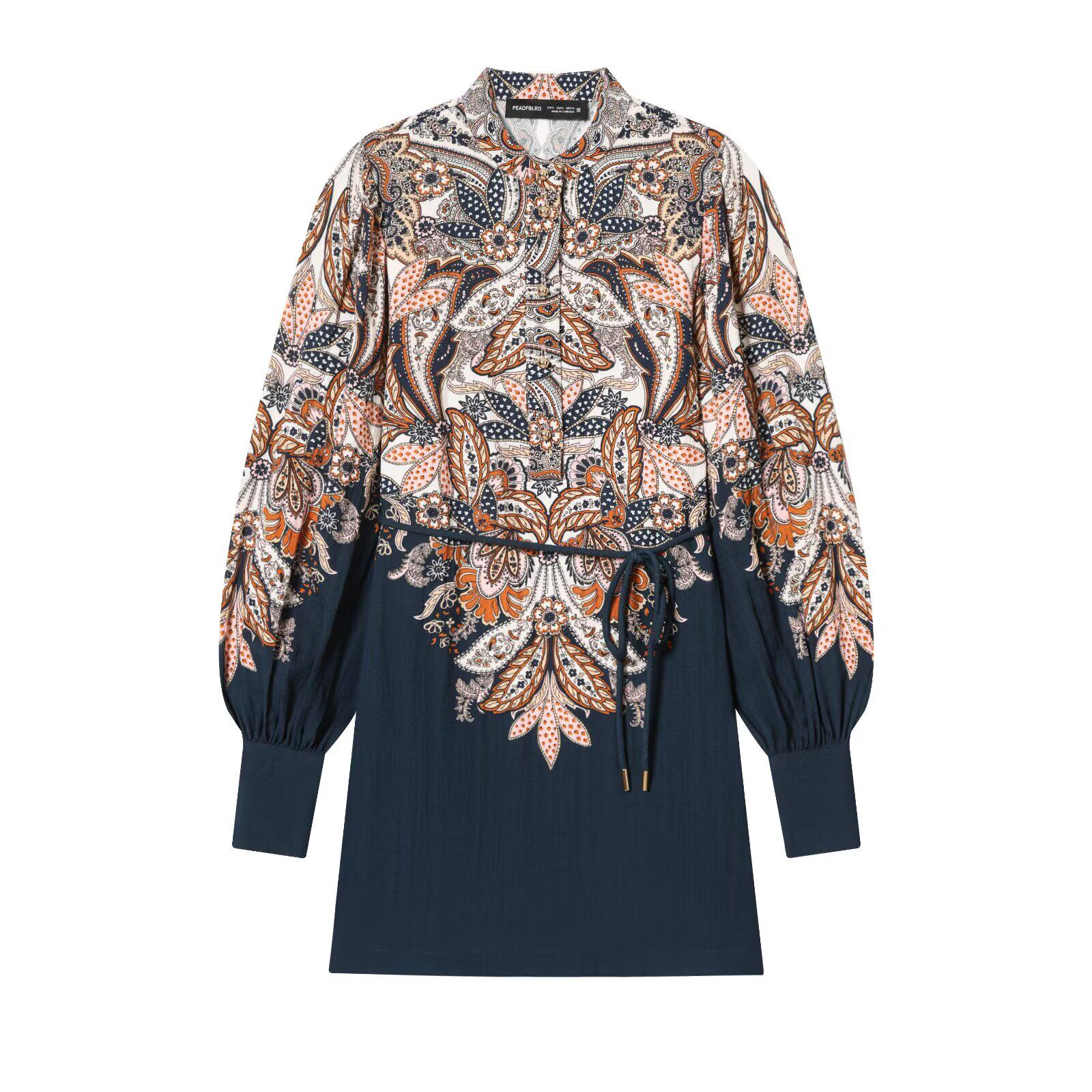 WMXZ秋冬1320858新款翻领系带撞色拼接腰带迷笛连衣裙女1320/858