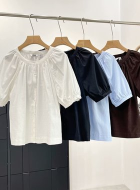 WMXZ夏季2025新款女装混纺圆领泡泡袖衬衫短袖打褶上衣475655