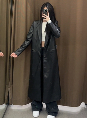 WMXZ秋季1255749新款黑色休闲仿皮大衣中长款风衣外套女1255/749