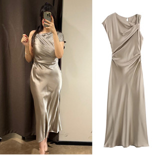 圆领褶皱扭结丝缎质感迷笛连衣裙2248 748 2248748新款 WMXZ春季