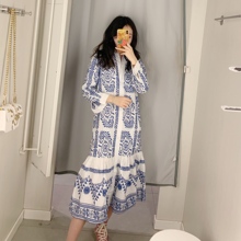 WMXZ 2019春季新品女士衬衣式中长款连衣裙 九分袖连衣裙裙子女