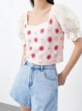 特WMXZ自制女装休闲度假风方领短款拼接针织T恤WL22S9BN2000尺码