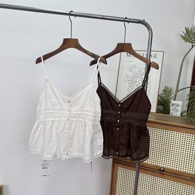法式复古蕾丝勾花拼接V领吊带背心露背辣妹风无袖上衣女0881088