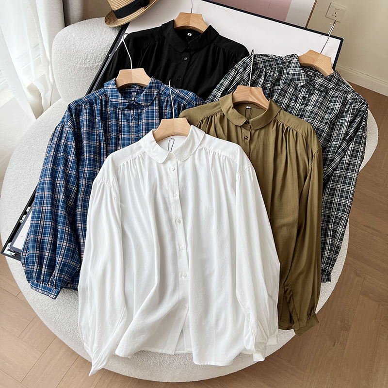 棉混纺抽褶长袖衬衫纯色宽松衬衫