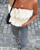 WMXZ夏季 女黑白色抹胸打褶吊带花苞型修身 显瘦短露肩上衣1165241