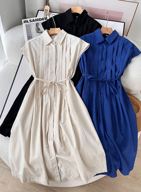 试衣间2024夏款棉麻混纺衬衫式短袖连衣裙系带抽褶长裙女470805