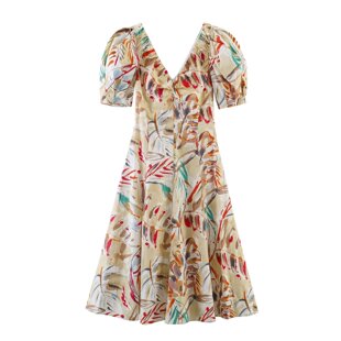 撞色印花迷笛连衣裙女2656 V领泡泡袖 145 2656145新款 WMXZ春季