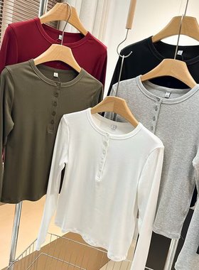 日单纯色打底 秋季女装棉质罗纹亨利领修身短款长袖T恤内搭479591