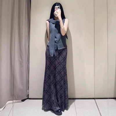 特价！现货！春季5039281新款复古高腰撞色格子绢网迷你半身裙女